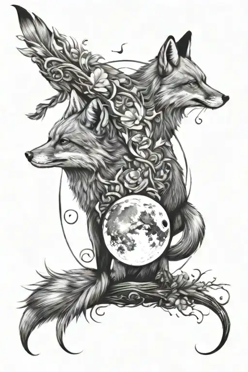 2 9 Tailed Foxs Under A Crescent Moon Shining Brightly