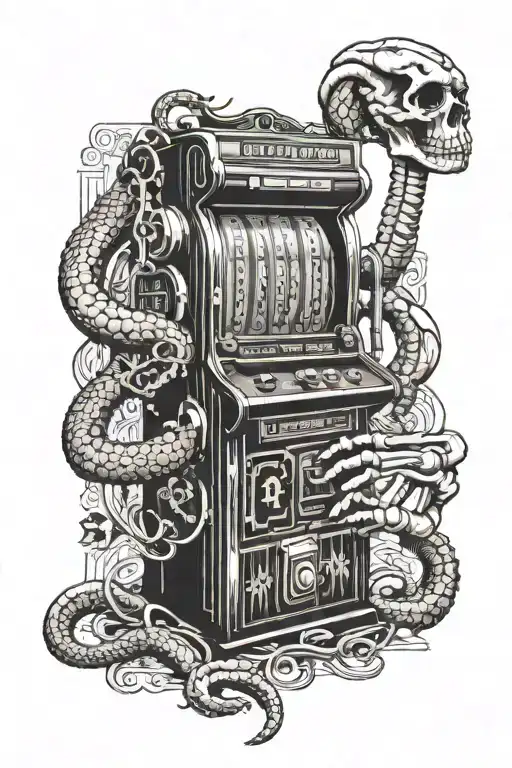 A Vintage Slot Machine With Snake Symbols And A Skeleton Hand Pulling The Lever