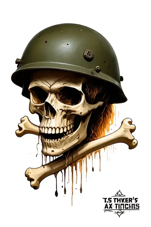 Skull With Army Helmet With A Bone Going Through The Head