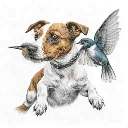 Jack Russel Terrier And Hummingbird Flying Close By