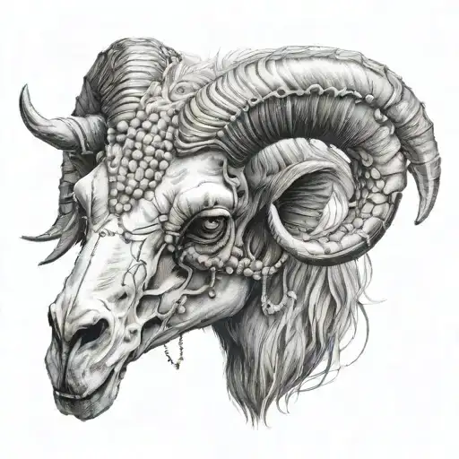 A Ram Skull With Delicate Rosary Beads Intertwined In Its Horns