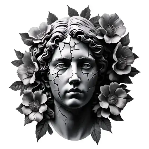 Blackand Grey Realism Statue Face Cracked With Flowers Around