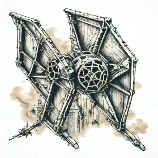 A Traditional Style Tattoo Of The London Skyline With A Tie Fighter From Star Wars Flying Overhead