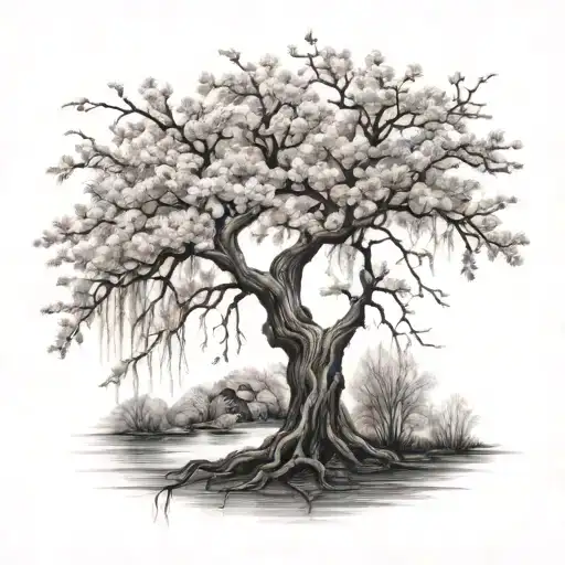 A Tattoo Featuring An Intricate Willow Tree And Cherry Blossom Tree