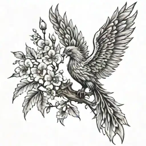 Mens Phoenix Rising From Flames Cherry Blossom Branch