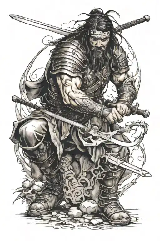 Sitting Warrior Wielding A Sword