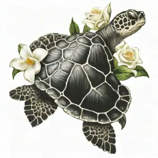 A Sea Turtle With Gardenias Blooming On Its Shell
