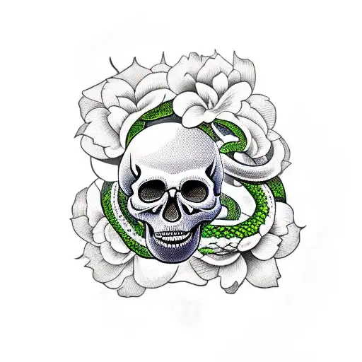Skull With Snake Through The Eye And Flowers All Around