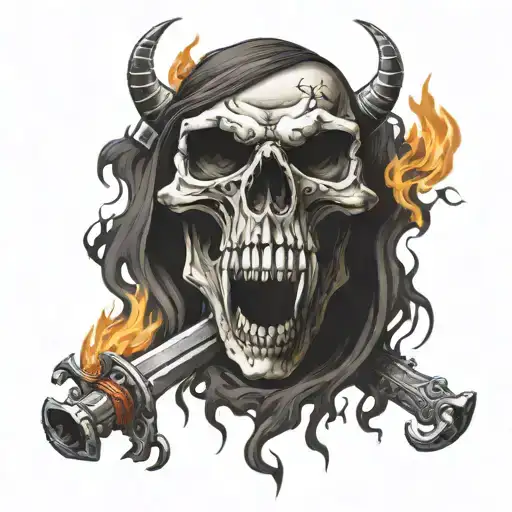 Scary Demon Skull With Crossed Army Sabers Behind And Fire Coming From The Hmeyes