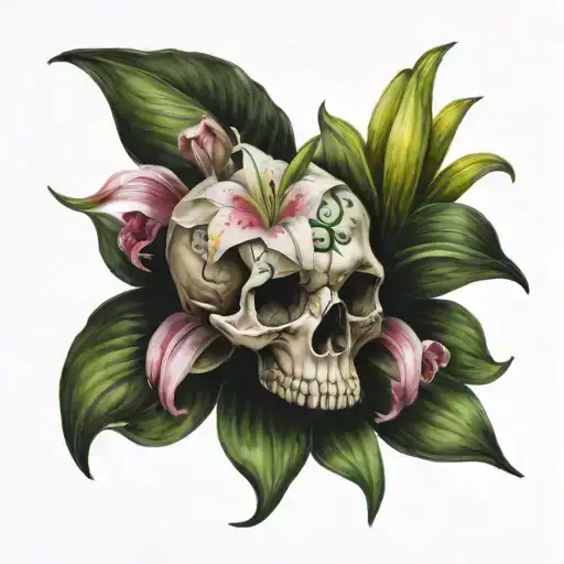 Human Skull With Pastel Pink And Green Lilies Growing Out Of It