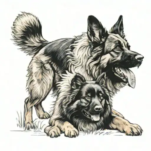 A German Shepherd And A Newfoundland Dog Playing Together In A Natural Setting