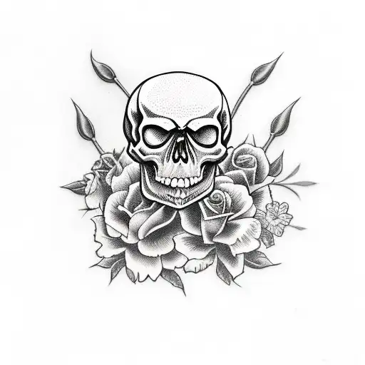 Skull With Different Flowers And Serpent
