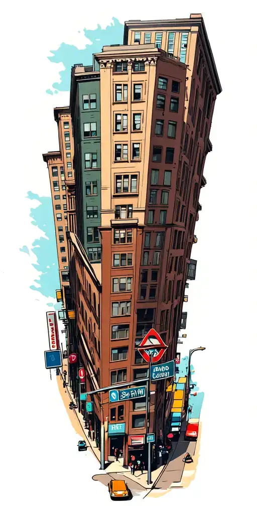 City Street With Tall Buildings And Street Signs And On A Busy Day