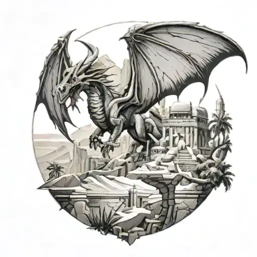 A Dragon And Fairy In An Egyptian Landscape