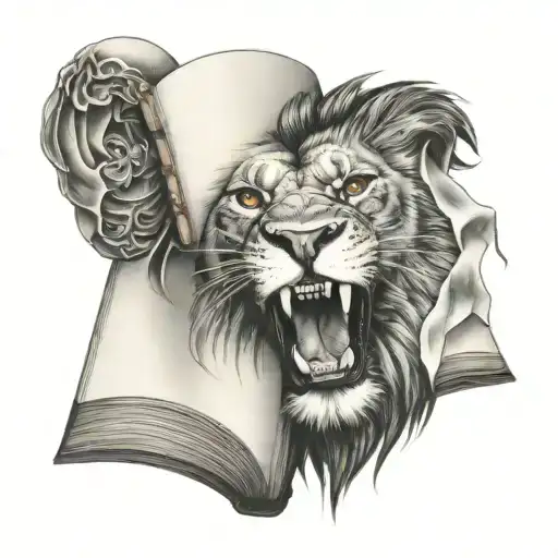 Lion Open Mouth Open Book Surrounded