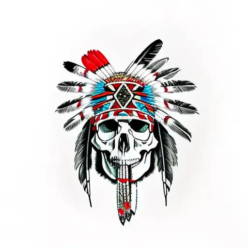 Native American Headdress On A Skull With Lots Of Feathers