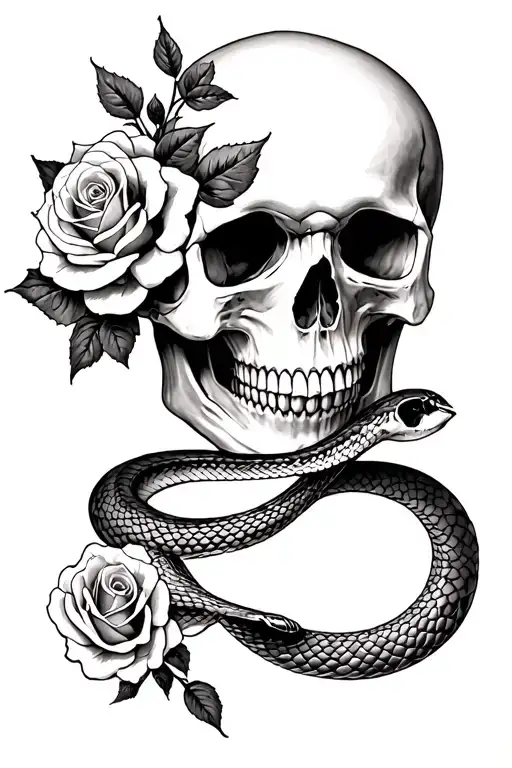 Skull And Roses With A Snake Going Through The Skull