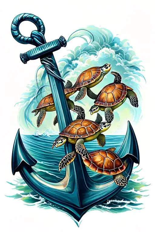 Anchor With 3 Turtles Swimming In The Ocean