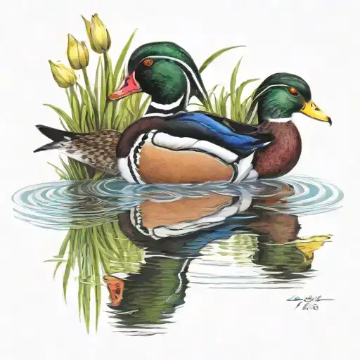 Male Wood Duck And Mallards On Lake