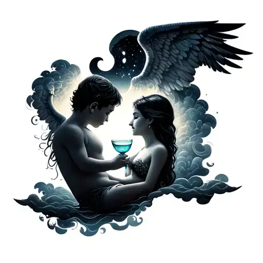 Drink Boy Fetus With Wings And Mother At Night With Clouds And Bright