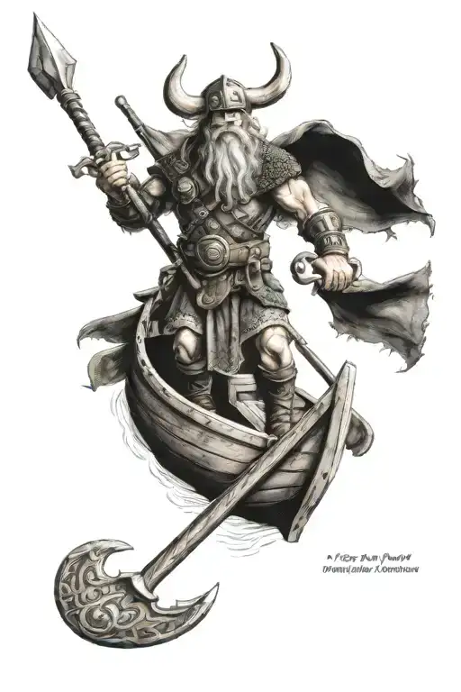 German Viking With Viking Boat Below And Viking Axe Above