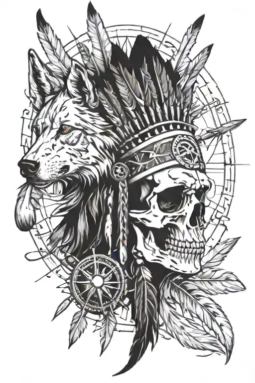 Native American And Skull And Compass And Feather And Axe And Horses And Wolf
