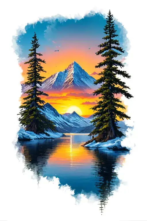 Mounth Everest Trees Colors Sunset Over Lake
