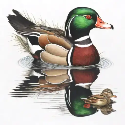 Male Wood Duck And Mallards On Lake