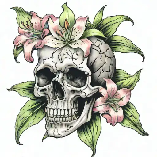 Realistic Human Skull With Pastel Pink And Green Lilies