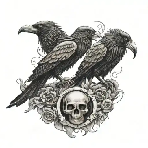 Hugin And Munin Standing On A Horned Skull Black And Grey