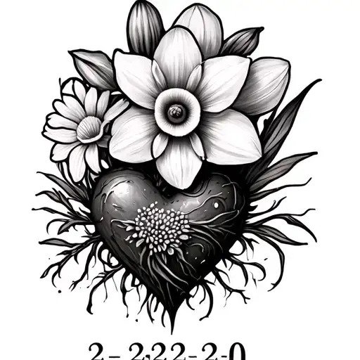 Daffodil And Aster Flower With Heart With Roots With Date 2-22-22 And 11-2-20