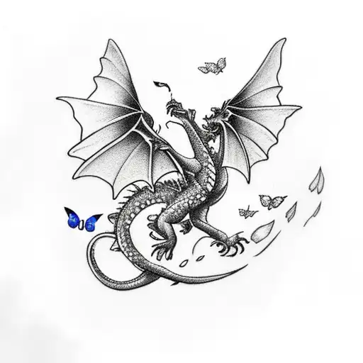Dragon Flying To The Moon With Butterflies