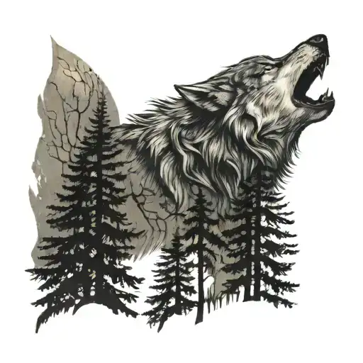 A Wolf Silhouette Howling At The Moon In A Dark Forest