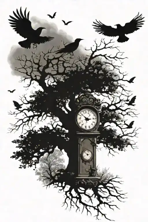 Tree With Clock And Crows Flying Away