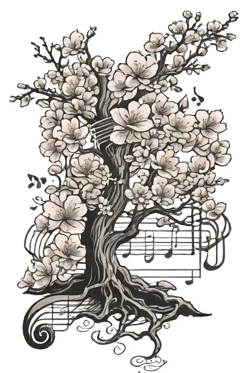 A Japanese Cherry Blossom Tree With Music Notes As Petals