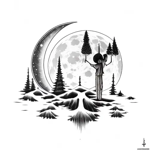 Forest With Dark Himan Figure Looking At Moon Holding A Wand By His Side