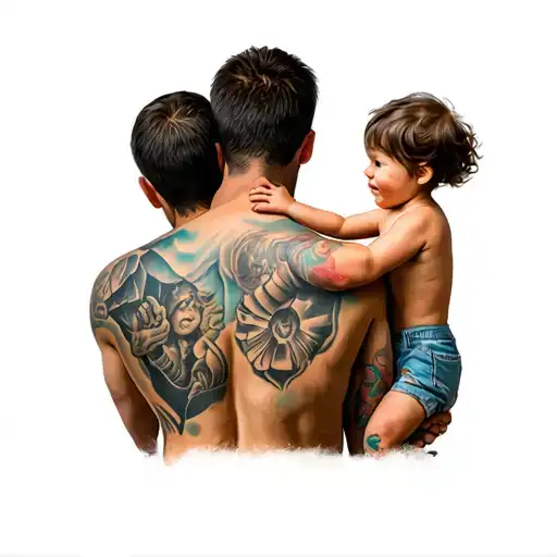 Dad With A Children In His Back And Another One In Is Side With Hands