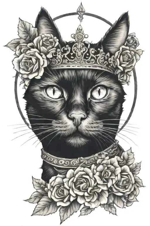 Black Cat With Crown And Flowers Surrounding