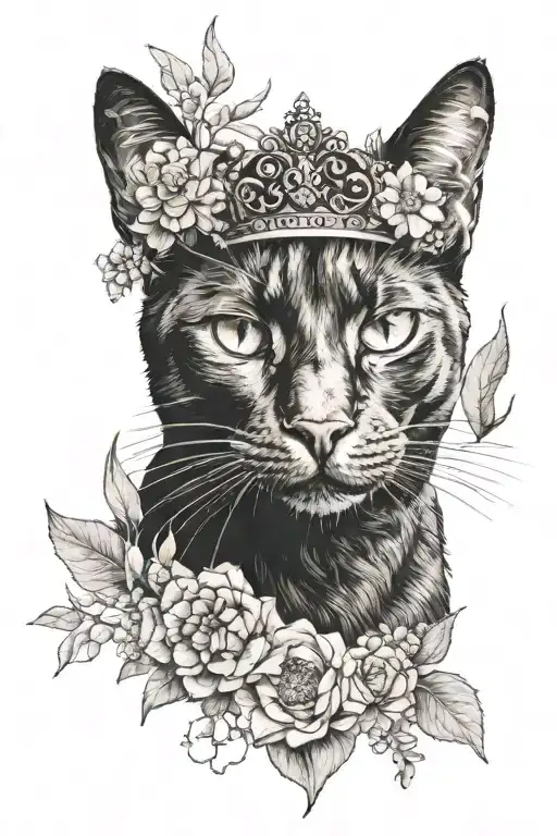 Face Of A Black Cat With Crown And Eucalyptys And Flowers Surrounding