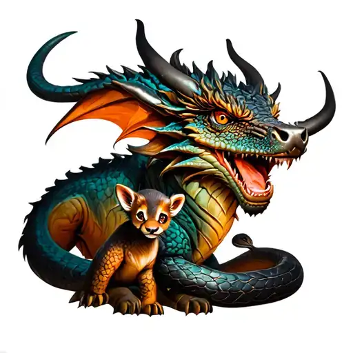 A Father Earth Dragon With A Metal Ox And Wood Snake Cub