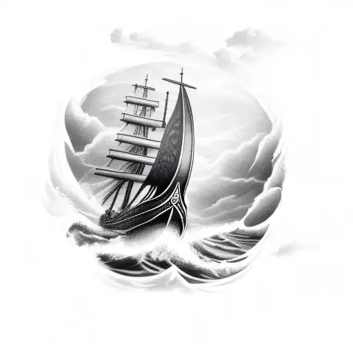 Viking Ship In Rough Waters And Lightning In Background