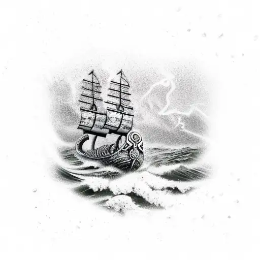 Viking Ship In Rough Waters And Lightning In Background