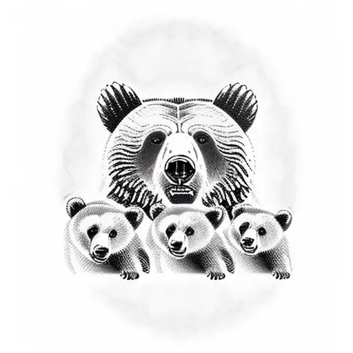 Grizzly Bear With A Forest And 3 Baby Bears Underneath It