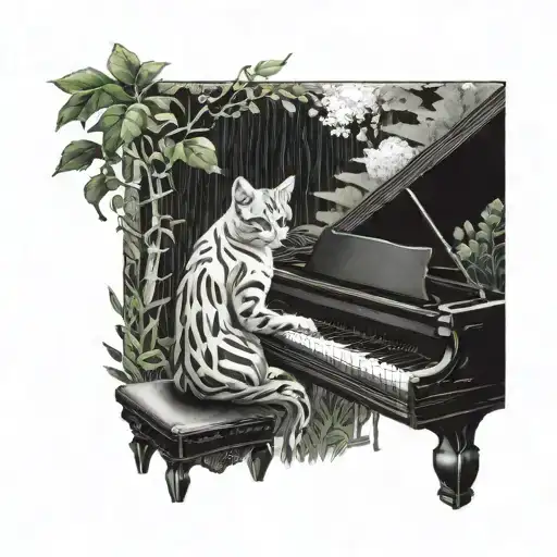 A Blackwork Tattoo Of A Cat Playing A Piano In A Whimsical Forest Setting