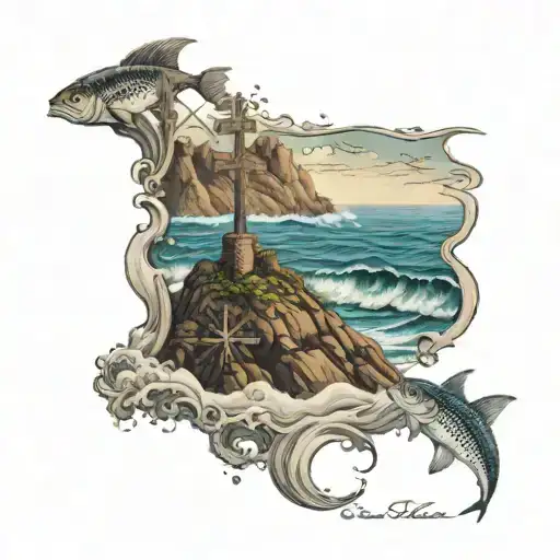 Cross On The Cliff Ocean Waves Ocean Below With Fish