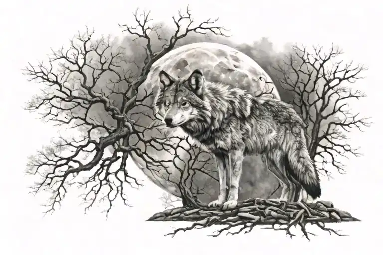 Wolf With Moon And Tree Root