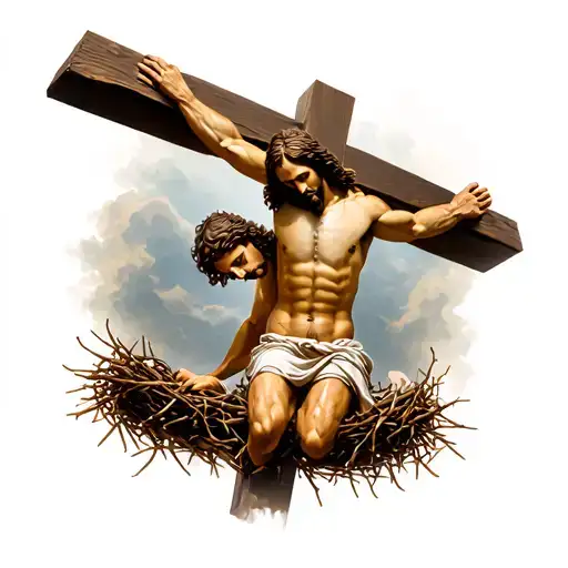 Jesus On Cross With Longinus Kneeling Below Picking Up Crown Of Thorns