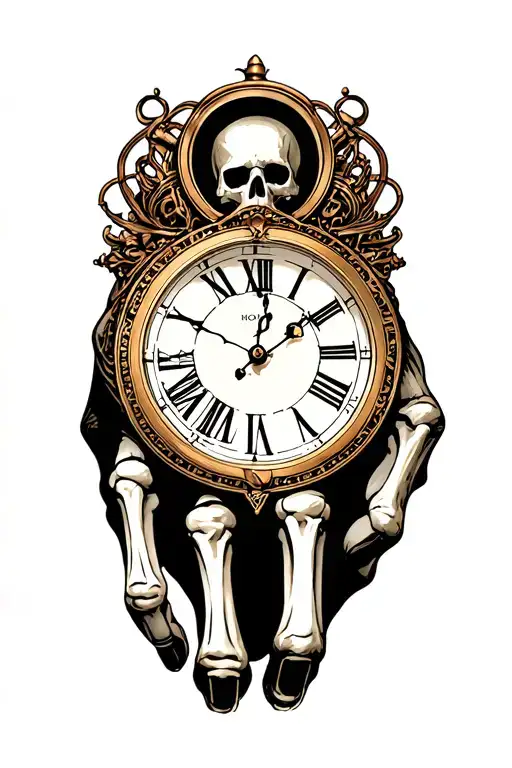 Skeleton Hand Tattoo With Roman Numeral Clock Embedded
