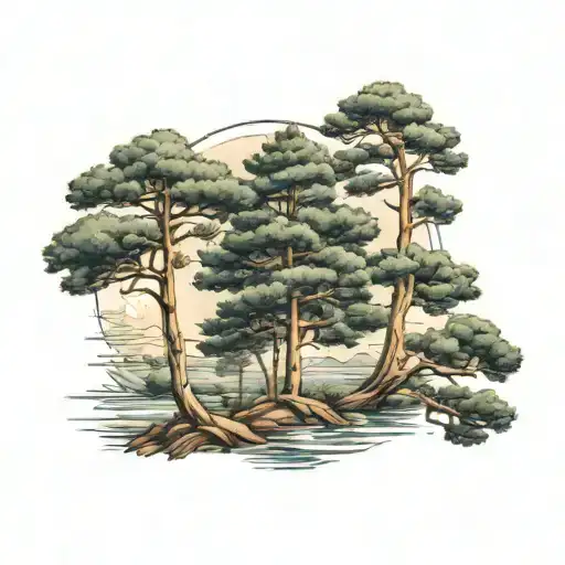 Pine Trees Water Sky