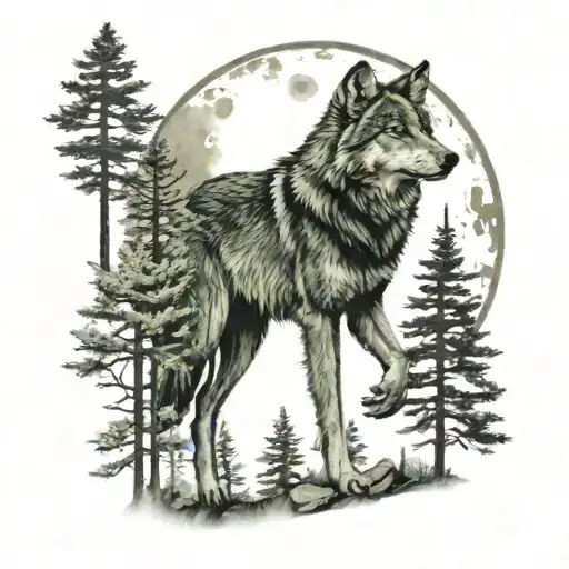 Forest Trees With Wolf And Moon In The Shadows